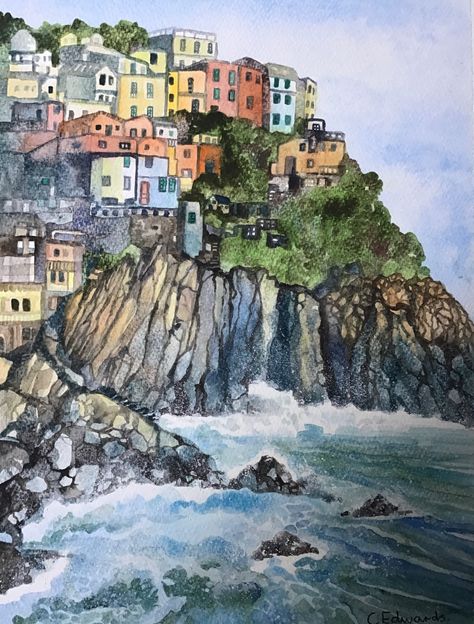 Watercolour. Cinque Terra, Different Forms Of Art, Coloring Journal, Cinque Terre Italy, Travel Painting, Landscape Art Painting, Water Colour, Kingfisher, Landscape Painting