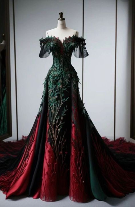 Villain Prom Dresses, Princess Sleeve Dress, Black And Red Gown Elegant, Burgandy Wedding Dress Gowns, Red Fantasy Dress Drawing, High Fantasy Gown, Dark Fae Dress, Gothic Fantasy Dress, Nature Themed Dress