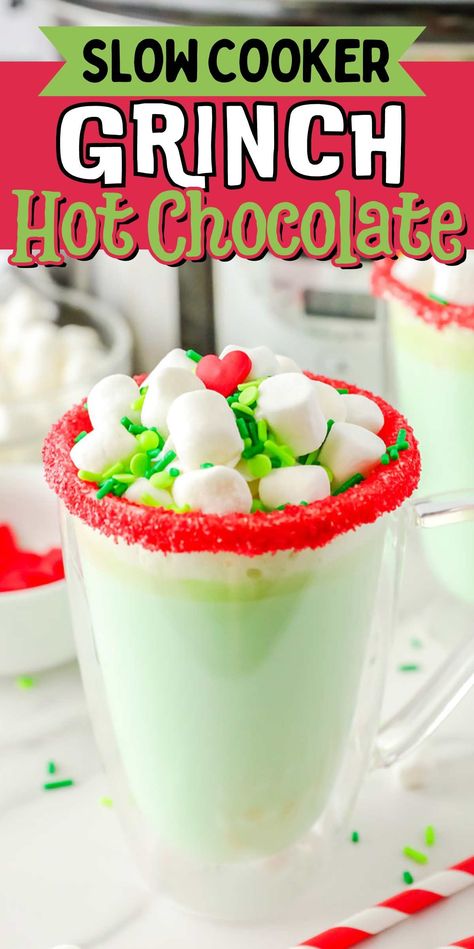 Grinch Hot Chocolate Crock Pot, Crockpot Grinch Hot Chocolate, Grinch Cocoa, Grinch Christmas Party Ideas, Grinch Breakfast, Grinch Hot Chocolate, Grinch Snack, Crockpot Drinks, Christmas Smoothies