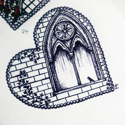 Cross Art Drawing, Victorian Gothic Tattoo Ideas, Stained Glass Window Tattoo, Illustration Castle, Church Tattoo, Punk Posters, Jerry Tattoo, Stained Glass Tattoo, Gothic Raven