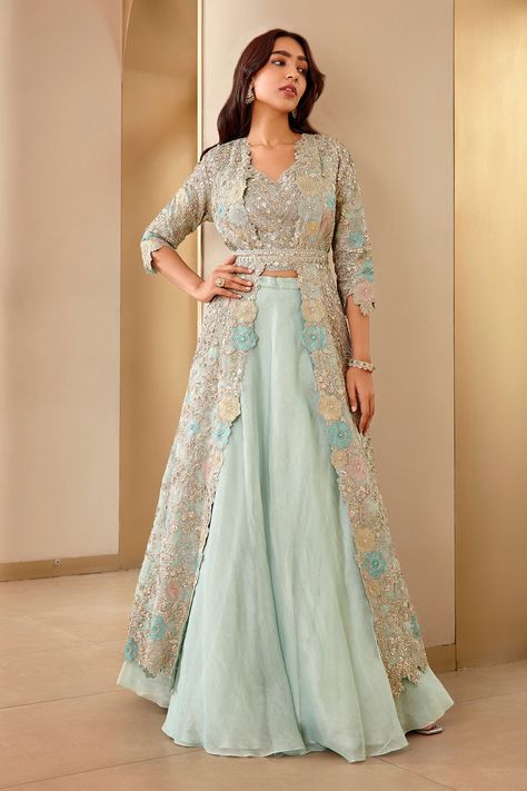 Shop for Osaa by Adarsh Blue Tissue Floral Embroidered Jacket Lehenga Set for Women Online at Aza Fashions Couture, Indian Jacket Dresses For Women, Jacket Lehenga Designer, Jacket Style Lehenga Wedding, Coat Lehenga, Jacket Lengha, Lehenga With Jacket, Chevron Embroidery, Dupatta Styling