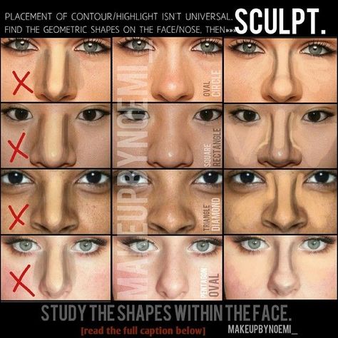 That [U] contour I see everywhere DOESNT work on every nose. THERE ARE SHAPES WITHIN SHAPES! 1. Dark: Oval / Light: Circle 2. Dark: Rectangle / Light: Square 3. Dark: Triangle / Light: Diamond 4. Dark: Oval / Light: Pentagon YOU SHOULD NOT BE ABLE TO SEE WHERE ONE CONTOURED/HIGHLIGHTED abd this comes by using the CORRECT tone/shade. Progression of color. It should look as if a natural shadow is being casted on the face and natural light is hitting the higher points Contour Guide, Nose Makeup, Nose Shapes, Pinterest Makeup, The Beauty Department, Makeup Tutorial For Beginners, Makeup For Beginners, Contour Makeup, Highlighter Makeup