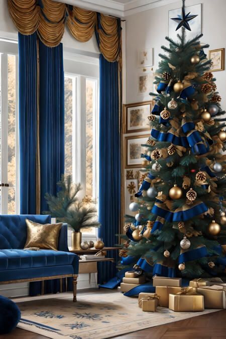 Blue And Gold Christmas, Christmas Tree Colour Scheme, Christmas Living Room Decor Ideas, Christmas Living Room Decor, Blue Christmas Decor, Christmas Living Room, Blue Christmas Tree, Gold Christmas Decorations, Christmas Decorations Living Room