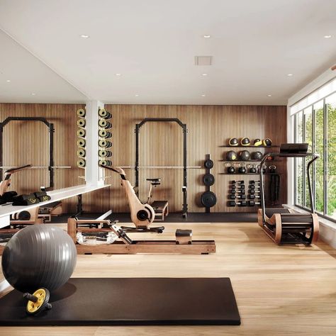 Spa Retreat Ideas, Gym Accent Wall, Home Gym Accent Wall, Home Gym Aesthetic, Garden Gym Ideas, Aesthetic Home Gym, Wall Gym, Restaurant Remodel, Gym Design Ideas