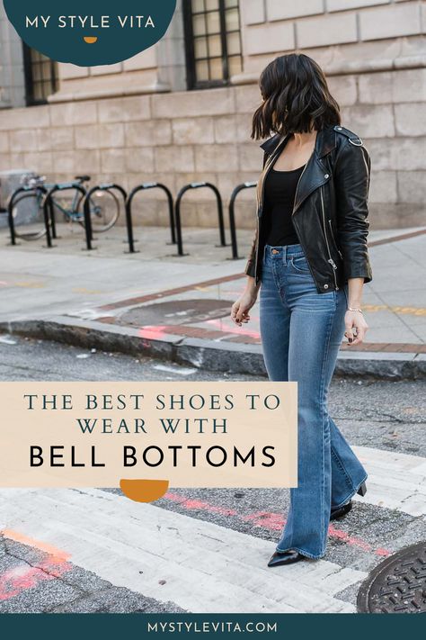 Want to switch up your everyday skinny jeans? Check out these tips and outfit ideas for styling bell bottoms. Plus tips on the best shoes to wear with bell bottoms so you always look fashion forward.     Get the tips today! #mystylevita #jeans #outfit #boho Styling Bell Bottom Jeans Winter, 70s Jeans Women, How To Wear Bell Bottom Jeans Outfits, Bell Bottoms With Boots, Shoes To Wear With Bell Bottom Jeans, Shoes With Bell Bottom Jeans, Bell Bottom Jeans Outfit Casual, Bell Bottom Jeans Outfit Fall, How To Style Bell Bottoms