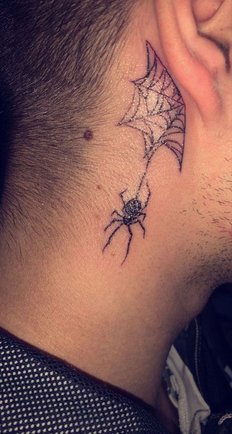 🥷 Spider Neck Tattoo Men, Smaller Tattoos For Men, Spider Web Neck Tattoo, Spider Hanging From Web Tattoo, Spider Neck Tattoo, Hand Tatto, Spider Web Tattoo, Web Tattoo, Cool Arm Tattoos