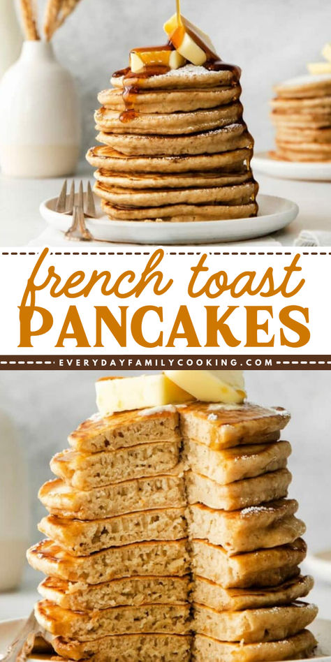 These French Toast Pancakes make the best Mother's Day brunch idea! These homemade pancakes are tall, fluffy, and ready in 15 minutes. Pin this sweet brunch idea! French Toast With Pancake Batter, Tasty Pancake Recipe, Breakfast Ideas Healthy Pancakes, Fluffy Sheet Pan Pancakes, Flavored Pancakes Recipe, French Pancakes Recipe, Home Made Pancakes Recipe, Flavoured Pancakes, Pancakes Without Buttermilk