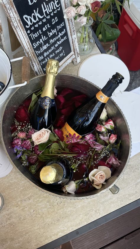 Wedding Ice Bucket Ideas, Ice Bucket Floral Arrangement, Ice Bucket Wedding, Wine In Ice Bucket Aesthetic, Champagne Bucket Wedding, Champagne In Ice Bucket, Ice Bucket For Party, Champagne Ice Bucket With Flowers, Champagne Bucket Decor