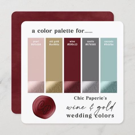 Wine Aqua & Gold Winter Wedding Color Palette Card for $2.60 - Wedding Invitations Gold Winter Wedding, Winter Wedding Color Palette, Blush Color Palette, Gold Wedding Colors, Wedding Color Combos, Winter Wedding Colors, Color Palette Pink, Hex Color Codes, בר מצווה