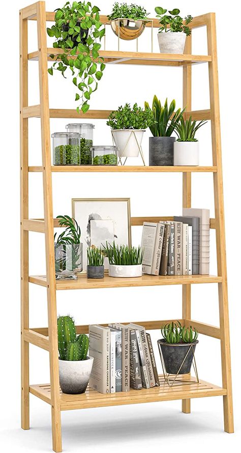 Wood Standing Shelf, Photo Display Shelf, Boho Bookshelf, Bookshelf Bathroom, Florida Apartment, Bamboo Ladder, Plant Ladder, Gerobak Dorong, Bamboo Ladders