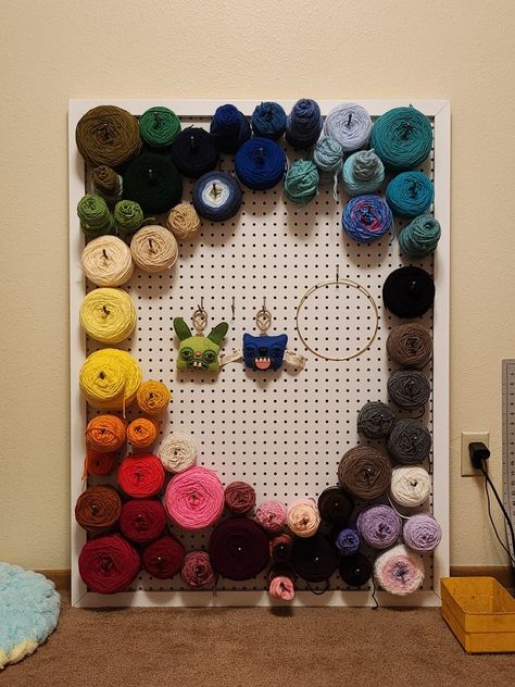 Pegboard, metal pegs, and love from my dad. @king_crabigail on instagram. Crochet Peg Board, Peg Wall, Pegboard Storage, Yarn Storage, Peg Board, Machine Knitting, My Dad, Knitting Patterns, Weaving