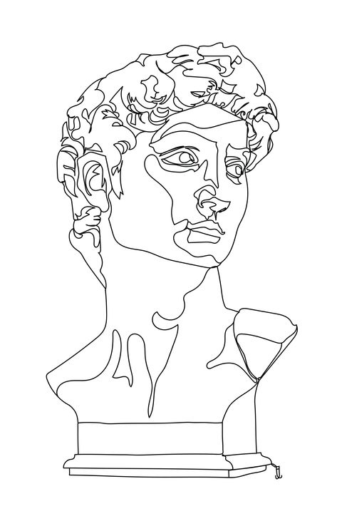 A one line contour drawing of Michelangelo's David as a bust. Please ask permission before using this design. Statue Of David Line Art, David Bust Tattoo, Contour Art Line Drawings, Outline For Painting, Greek Bust Drawing, David Michelangelo Drawing, Greek Statue Drawing Simple, Statue Of David Drawing, David Line Art