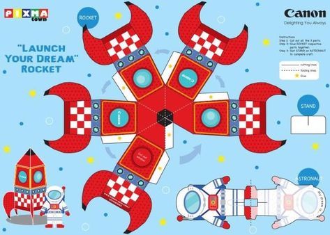 This easy-to-build colorful Rocket papercraft for kids was created by Singaporean designer Gagatree , comissioned by Canon Asia website.... Rocket Papercraft, Astronaut Party, Space Coloring Pages, Outer Space Party, Space Activities, Papercraft Printable, Crochet Baby Shoes Pattern, Paper Toy, Space Party