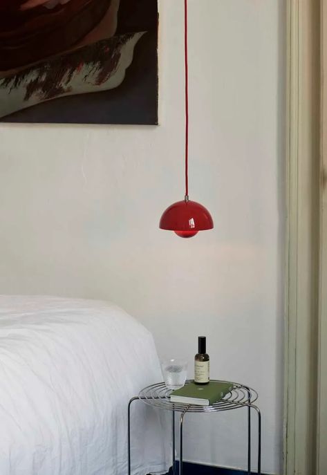 Verner Panton's minimalist Wire Stool and iconic Flowerpot lamp in red | New launches & rediscovered classics from Danish design brand &Tradition | These Four Walls blog Flowerpot Pendant, Vermilion Red, Retro Lamp, Red Pendants, Verner Panton, Types Of Lighting, Nordic Design, Wave Pattern, Grey And Beige