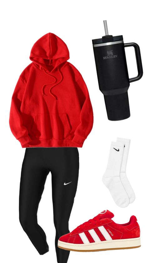 Red Hoodie Outfit, Red Leggings, Red Fits, Red Nike, Cute Comfy Outfits, Hoodie Outfit, Red Outfit, Sporty Outfits, Dope Outfits