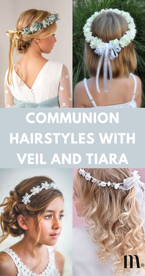 Explore the latest trends in Communion hairstyles, showcasing beautiful veils and tiaras for a timeless look. Communion Hairstyles With Veil, Veil And Tiara, Headband Curls, Communion Headband, First Communion Hairstyles, Hairstyles With Veil, Cinderella Hair, Event Hairstyles, Communion Hairstyles