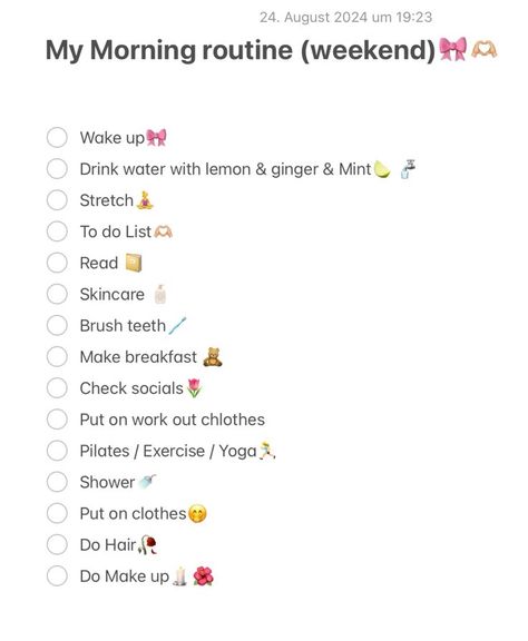 My morning routine ( weekend ) Morning Routines For Weekends, How To Start Your Morning, Healthy Morning Routine Skin Care, 4:00 Am Morning Routine, Routine Aesthetic List, Morning Routine Aesthetic List, 9am Morning Routine, Mornight Routine, Aesthetic Morning Routine List