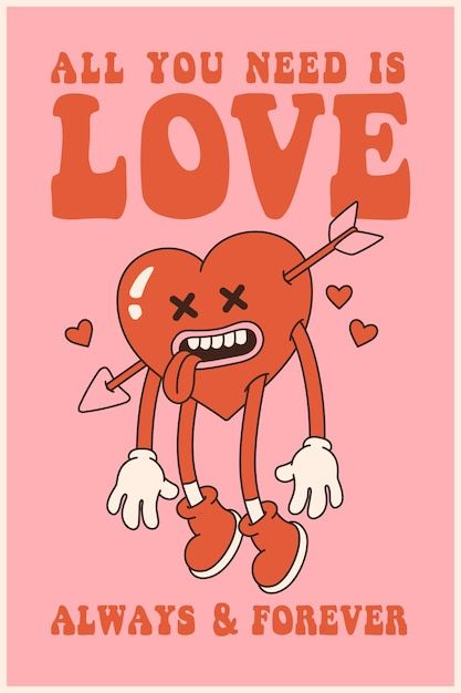 Love Design Poster, Love Vector Illustration, Heart Graphic Design Illustration, Heart Character Design, Retro Illustration Graphics, Curly Character, Valentines Day Graphic Design, Love Poster Design, Cosmos Aesthetic