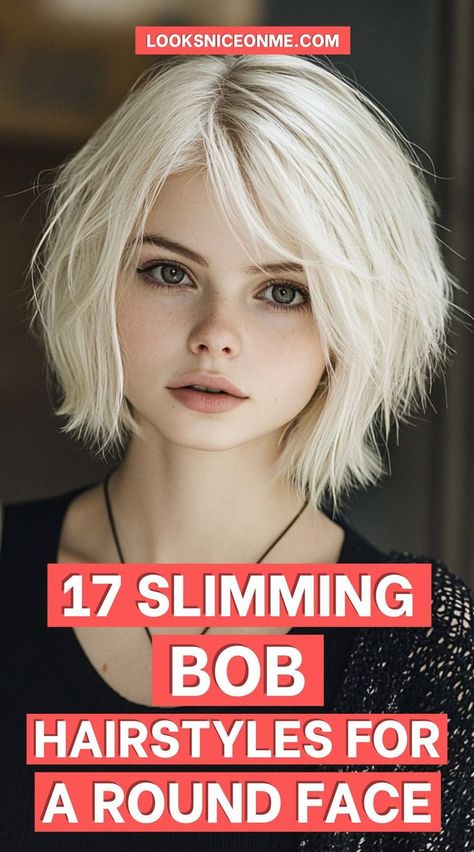 Looking for a bob that flatters a round face? Try these styles with sharp angles, face-framing layers, and side-swept bangs that create a lengthening effect. #FaceShapeHairstyles #BobHaircut Asian Hairstyles For Round Face, Cute Bobs For Round Faces, Most Flattering Haircut For Round Face, Round Faces With Short Hair, Bob For Round Face Short, Side Bangs For Short Hair, Short Bob Haircuts With Side Bangs, Short Hair For Fine Hair And Round Face, Short Hair For Women With Round Faces