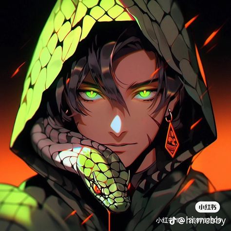 Punk Character Art, Anime Snake, Guys With Green Eyes, Pp Couple, Black Cartoon Characters, Japon Illustration, Dark Anime Guys, Green Hoodie, A Snake