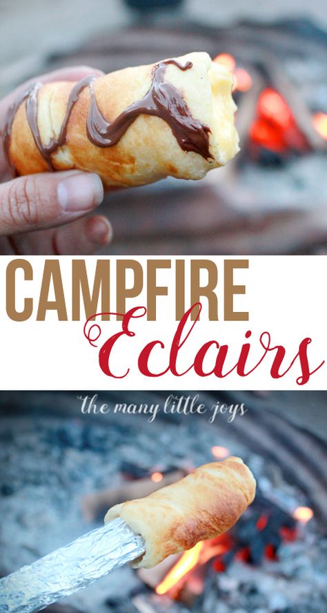 The Best Campfire Dessert EVER: Campfire Eclairs - The Many Little Joys Campfire Eclairs, Campfire Dessert, Campfire Pizza, Dutch Oven Camping Recipes, Campfire Desserts, Dutch Oven Camping, Camping Desserts, Camping Dinners, Easy Camping Meals