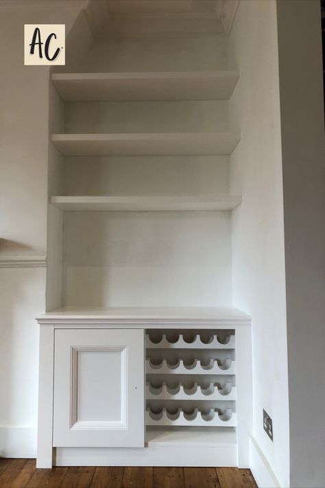 Built In Wine Glass Cabinet, Alcove Wine Storage, Living Room Wine Rack, Built In Bar Cupboard, Wine Rack Fireplace, Alcove Bar Ideas Living Room, Dining Room Alcove Ideas Built Ins, Alcove Bar Ideas Built Ins, Alcove Display Cabinet