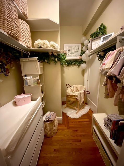 Walk in Closet converted to nursery with Floral Winnie the Pooh theme Nursery Walk In Closet, Turning A Closet Into A Nursery, Walk In Closet Turned Nursery, Closet Nursery Ideas Walk In, Baby Apartment Living, Closet Nursery Converted, Crib In Closet Ideas, Small Walk In Closet Nursery Converted, Crib In Closet Ideas Small Spaces