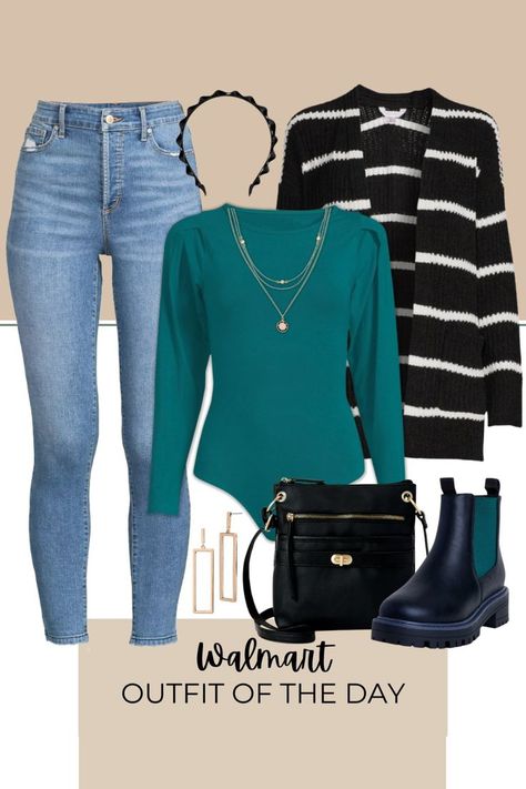 Black Headband Outfit, Green Bodysuit Outfit, Jeans Chelsea Boots, Sophia Vergara, Walmart Outfits, Casual Outfit Idea, Chelsea Boots Black, Green Bodysuit, Walmart Fashion