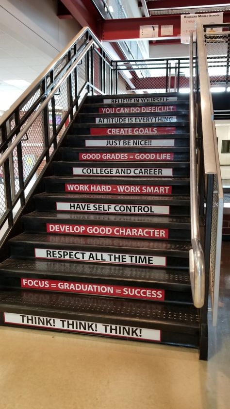 School empowerment quotes and decals on stairs. School Signage, Quotes School, Wall Art Paint, Sticker Inspiration, Stair Decals, School Hallways, Stairs Ideas, Stair Wall, School Wall Art