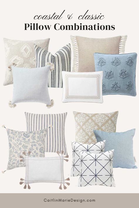 Cushion Arrangement, Light Blue Throw Pillows, Pillow Combinations, Throw Pillow Combinations, Coastal Pillow, Light Blue Pillows, Beige Couch, Large Decorative Pillows, Pillow Sets