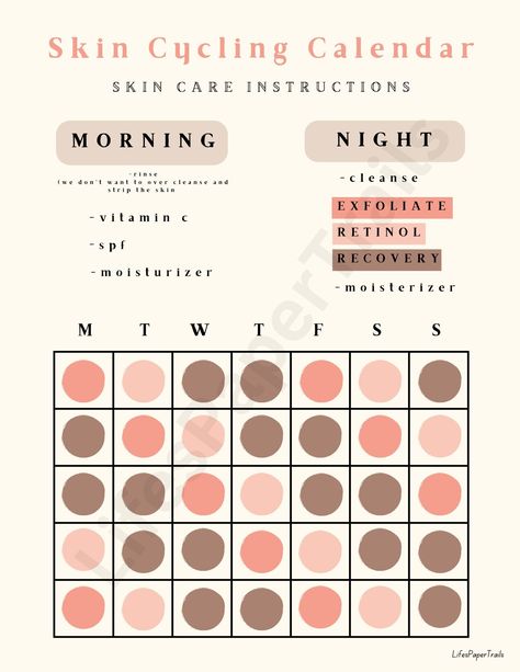 A skin cycling calendar to keep on track with your daily skin care and personal self care for overall skin health. Can be dowloaded and printed for paper use, or digital use through a desktop, Goodnotes, or Notability. Included in Order: Instant digital download of page Maximum Recommended Size for Use: 8.5 in x 11 in Skincare Calendar, Skin Cycling, Chemical Exfoliation, Nutrition Drinks, Good Skin Tips, Morning Skincare, Morning Skin Care Routine, Sensitive Skin Care, Health Skin Care