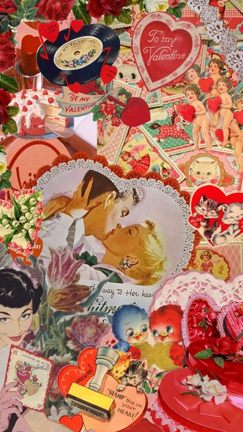 1950s Valentines Day, Retro Valentines Wallpaper, Vintage Valentine Aesthetic, Valentine’s Day Collage, Vintage Valentines Wallpaper, Valentines Day Aesthetic Vintage, Retro Valentines Aesthetic, 90s Valentines Aesthetic, Vintage Valentines Aesthetic