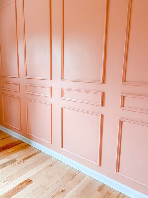 Pink Guest Bedroom, Pink Guest Room, Clare Paint, Peel And Stick Molding, Bright Laundry Room, Peach Paint, Pink Paint Colors, Peach Walls, Hotel Chic