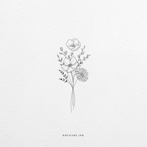 Wild flower bouquet (sold) Small Wild Flowers Tattoo, September Bouquet Tattoo, Minimalist Bouquet Drawing, Small Boquetes Of Flowers Tatoos, Minimal Bouquet Tattoo, Small Bouquet Of Flowers Drawing, July Flower Bouquet Tattoo, February Flower Bouquet Tattoo, Delicate Bouquet Tattoo