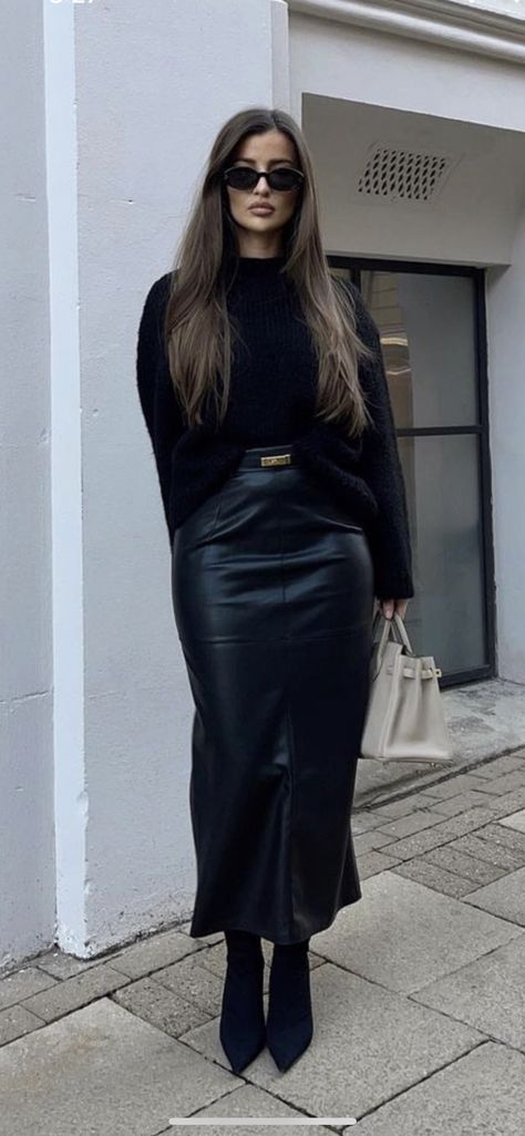 2025 Outfits Trends, Cute Casual Saturday Outfit, Outfits With Suit Jackets Women, Midi Black Dress Outfit Winter, Classy New Years Outfit, All Black Leather Skirt Outfit, Poncho Skirt Outfit, Black Leather Maxi Skirt, Classy Winter Work Outfits