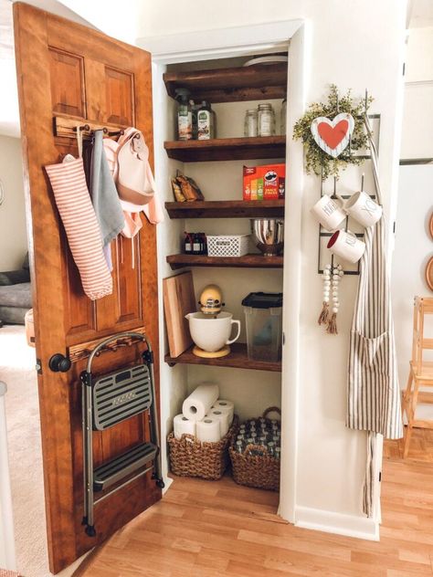 Small Pantry Broom Closet, Small Hallway Pantry, Pantry Linen Closet Combo, Closet Turned Pantry Storage, Utility Closet To Pantry, Create Pantry In Small Kitchen, Diy Small Kitchen Pantry, Pantry And Linen Closet Combo, Closet Into Pantry Diy