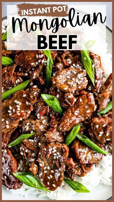 This tender and juicy Instant Pot Mongolian Beef is so much better than takeout! This popular Chinese entree combines flank steak and green onions with a sweet and savory brown sugar soy sauce, and comes together in just 30 minutes! Beef With Soy Sauce, Instapot Mongolian Beef Recipe, Flank Steak Instapot Recipes, Instant Pot Fajitas Beef, Sirloin Steak Tips Instant Pot, Asian Beef Instant Pot Recipes, Instant Pot Mongolian Beef And Broccoli, Flank Steak Instapot, Flank Steak Dinner Ideas Instant Pot