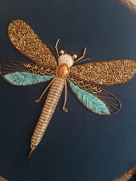 Shimmering Metallic Embroideries of Dragonflies and Other Insects by Humayrah Bint Altaf | Colossal Gold Work Embroidery, New Embroidery Designs, Brazilian Embroidery, Embroidery Motifs, Handwork Embroidery Design, Bead Embroidery Jewelry, Sewing Embroidery Designs, Hand Embroidery Art, Gold Embroidery