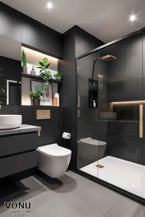 15 Stunning Bathroom Designs to Inspire Your Next Remodel – VQNU Bathroom Interior Design Luxury Modern, Luxury Black Bathroom, Black Modern Bathroom, Best Bathroom Paint Colors, Neutral Bedroom Design, Bathroom Interior Design Luxury, Bathroom Lighting Ideas, Utility Room Designs, Modern Greenery