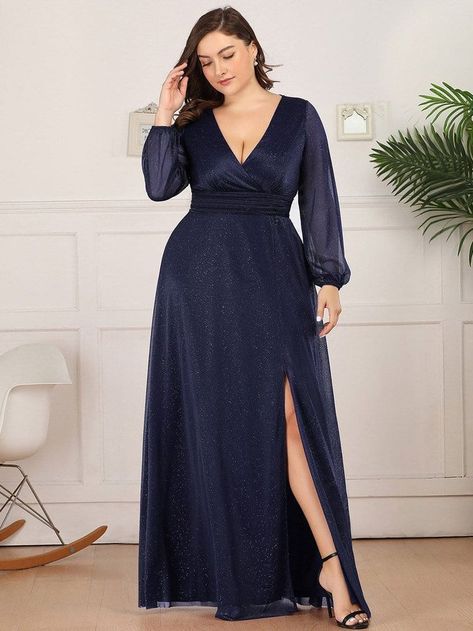 Plus Size V-Neck Shiny Puff Sleeve Evening Dress for Women #firefighters #women #running mother teresa, mother of the bride, mother gifts Black Tie Wedding Guest Dress Plus Size Evening Gowns, Formal Dresses For Big Busted Women, Indigo Wedding, Matric Farewell, Glitter Prom Dress, Outfits Mom, Plus Size Evening Gown, Formal Maternity Dress, Evening Dresses Online