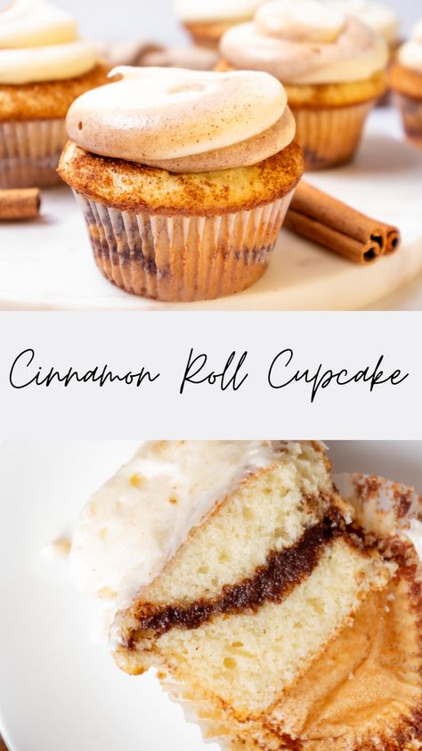 cinnamon roll cupcakes Cupcakes For A Bake Sale, Fall Chocolate Cupcake Flavors, Cinnamon Bun Cupcake Recipe, Sprinkle Cupcakes Recipe, Fun Vanilla Cupcakes, Cinnamon Cupcakes Cream Cheese Frosting, Chips Ahoy Cupcakes, Book Club Cupcakes, Cinnabon Cinnamon Cupcakes