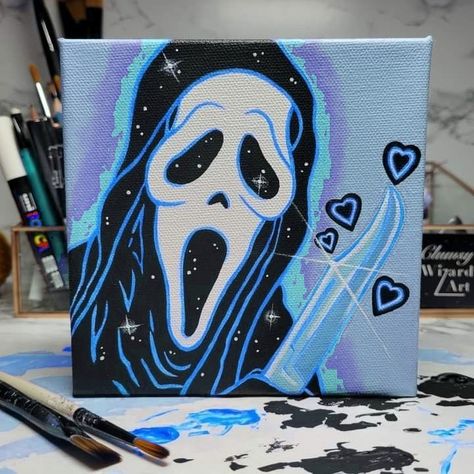 Trippy Horror Painting, Ghost Face Acrylic Painting, Canvas Drawings Halloween, Halloween Themed Drawings Easy, Horror Movie Acrylic Painting, Ghost Painting Ideas Easy Simple, Painting Ideas Pop Art, Halloween Paintings On Canvas Ideas, Ghostface Painting Canvas