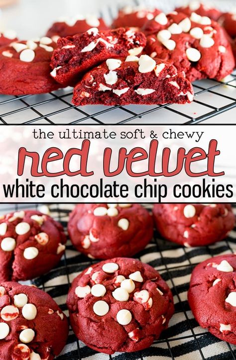 Red Velvet Cookies with White Chocolate Chips are thick and chewy with the classic Red Velvet color and taste. This No Chill recipe is perfect for any occasion! |Cooking with Karli| Thick Cookie Recipes, Red Velvet Color, Red Velvet Chocolate Chip Cookies, Cookies With White Chocolate Chips, Red Velvet Cookie Recipe, Cookies With White Chocolate, Cooking With Karli, Christmas Cookie Recipes Holiday, Easy Crepe Recipe