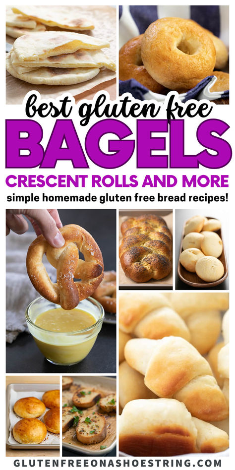 pita, bagels, croissants, crescent rolls, challah bread, rolls and garlic bread are featured here Gluten Free Challah Bread, Boiled Bagels, Gluten Free Bagel Recipe, Gluten Free Challah, Gluten Free Bread Recipes, Gluten Free Bread Recipe Easy, Gluten Free Bread Recipe, Gluten Free Baguette, Homemade Gluten Free Bread