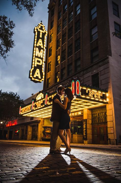 Outdoor, Nighttime Downtown Tampa Engagement Photography Session at Tampa Theatre| Marc Edwards Photographs Tampa Theatre Photoshoot, Nighttime Downtown Photoshoot, Downtown Tampa Photoshoot, Downtown Tampa Engagement Photos, Tampa Photoshoot, Night Photoshoot Ideas, Tampa Engagement Photos, Tampa Theatre, Night Engagement Photos