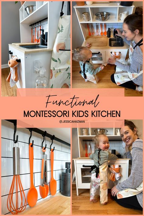 Montessori Self Serve Station, Ikea Play Kitchen Montessori, Ikea Kitchen Hack Kids Montessori, Functioning Play Kitchen, Ikea Toy Kitchen Hack Montessori, Montessori Play Kitchen Diy, Play Kitchen Montessori, Montessori Ikea Kitchen Hack, Duktig Kitchen Hack Montessori