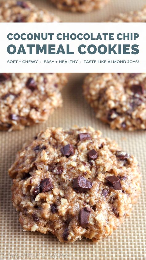 Almond Joy Oatmeal, Oatmeal Coconut Chocolate Chip Cookies, Almond Joys, Chocolate Chip Cookies Soft, Chocolate Chip Oatmeal Cookies Healthy, Chocolate Coconut Cookies, Simple Chocolate Chip Cookie Recipe, Chocolate Chip Oatmeal Cookies, Oatmeal Chocolate Chip Cookie Recipe