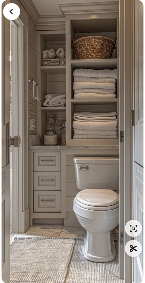 Behind Toilet Storage, Closet To Bathroom, Built In Bathroom Storage, Linen Closet Design, Hidden Shelves, Small Closet Design, Toilet Closet, Small Bathroom Cabinets, Restroom Remodel