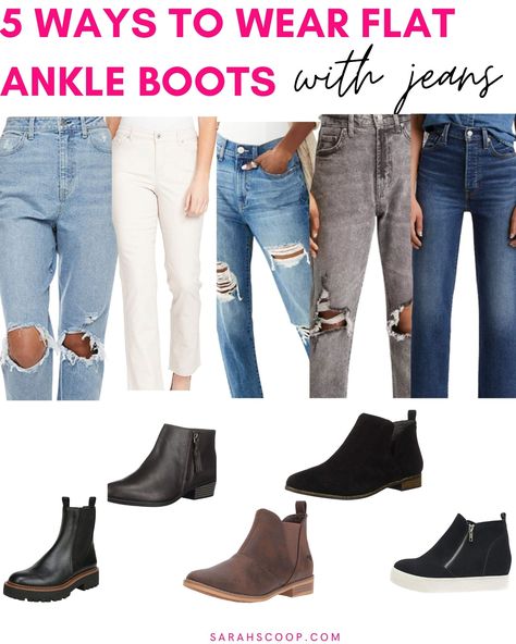 Outfits With Ankle Socks, Mom Jeans And Ankle Boots, Outfits With Flat Boots, Ankle Boots With Bootcut Jeans, What Pants To Wear With Ankle Boots, Frayed Jeans With Ankle Boots, Brown Flat Ankle Boots Outfit, Boots With Boyfriend Jeans, Jeans And Short Boots