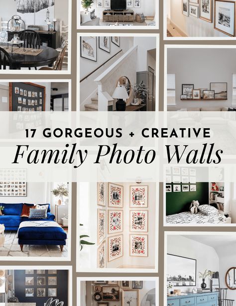 Ideas and Inspiration for creating a family picture wall display in your home. Maternity Photo Display, Mixtiles Photo Wall Wedding, Mixing Family Photos With Art, Display Senior Pictures On Wall, Family Photo Gallery Wall Layout, Family Photos Display Wall, Large Gallery Wall Layout With Sizes, How To Display Old Family Photos, Family Room Picture Wall Ideas